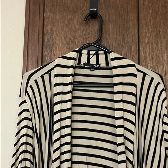 RXB Black and Beige Striped Asymmetrical Open Front Cardigan Style Top - Picture 8 of 14